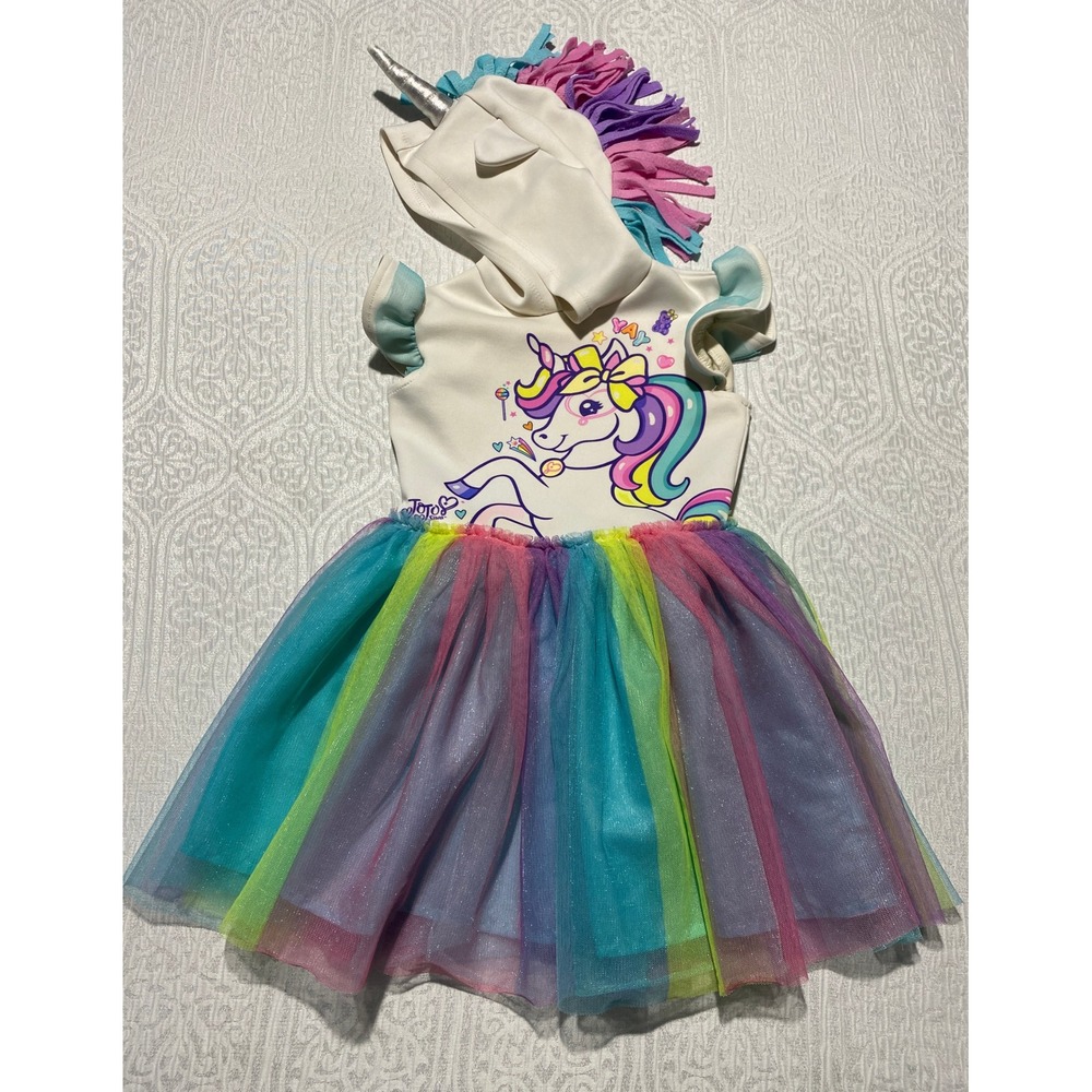 JoJo Siwa Nickelodeon Girls XS 4/5 White Rainbow Unicorn Hooded Tutu Dress